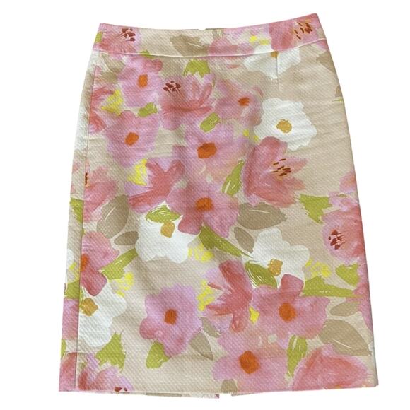 J. Crew 0 Watercolor Floral Pencil Skirt Career Work Coastal Grandma Lined Pink - Picture 5 of 10